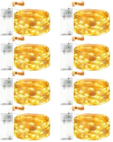 VIKY 8 Stk LED Lichterkette Batterie mit Timer, 2M 20 LED Micro Kupferdraht Lichterkette Innen Batteriebetrieben, Warmweiß lichterkette mit Timer für Hochzeit, Silvester, Weihnachten Innen Dekoration