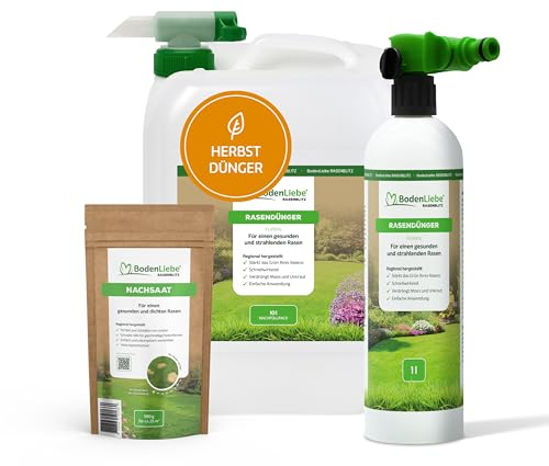 RASENBLITZ Rasendünger Herbst flüssig 10 L Flüssigdünger | zur Vorbereitung vor dem Winter, inkl. 500 g Nachsaat & Sprühflasche, Ergänzung zu Rasensamen, am Gartenschlauch