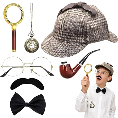 Gobesty Sherlock Holmes Kostüm 7Stück, Detektiv Kostüm Zubehör Set-Detektivhut Lupe Metallbrille Herrenfliege Bart Taschenuhr Pfeifen, 20er Jahre Kostüms Herren für Halloween Cosplay Karneval Party