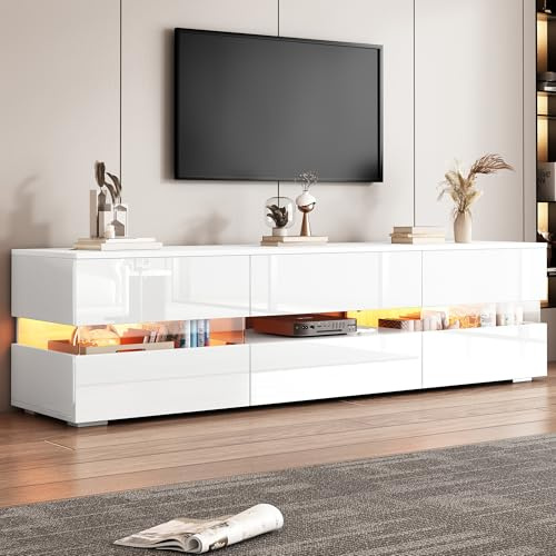 ECLIVON TV-Schrank Fernsehschrank mit LED Streifen,Fernsehtisch 160 cm lang | Für Fernseher von 55 bis 70 Zoll, Lowboard TV Board mit Stauraum Schubladen und Türen, Sideboard für Wohnzimmer, Weiß