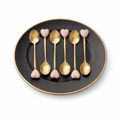 Premium Gold Spoons (Set of 6) Stainless Steel & Ceramic Heart Shape Dessert Tea Spoon – Luxury Coffee & Afternoon Tea Sugar Accessories – Elegant Gifting (Gold, Pink Heart, Spoon)