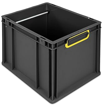 PROREGAL Hängeregisterbox NextGen | HxBxT 32x30x40cm | 30 Liter | Griffe gelb geschlossen | Schwarz | Eurobehälter, Transportbox, Transportbehälter, Stapelbehälter, Eurobox