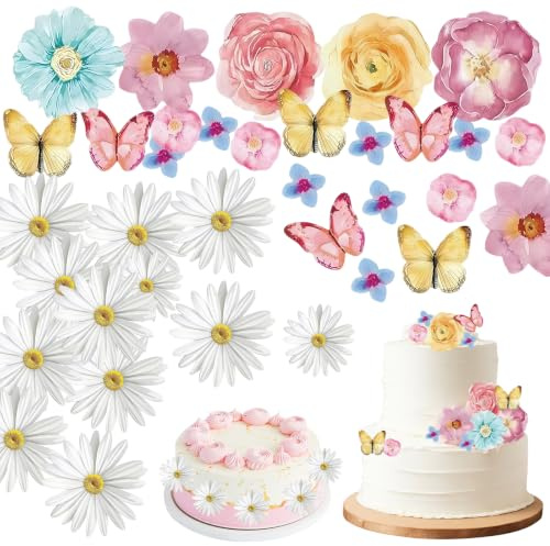 117 Pièces Fleur Comestible Pour Gateau, Fleur Gateau, Decoration Gateau Comestible, Comprenant Des Fleurs, Des Papillons Et Des Marguerites, Idéales Pour Les Anniversaires, Les Mariages Et Les Fêtes