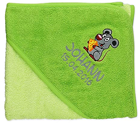 Wolimbo Kapuzenhandtuch personalisiert mit Namen und Motiv - grün - 140x140 cm - für Baby und Kinder