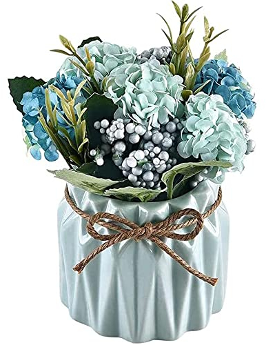 Artificial Flowers Potted, Fake Artificial Flowers in Ceramic Vase, Artificial Hydrangea Bouquet Real Touch Silk Flores in Pot for Wedding Party Table Centerpieces Floral Arrangement Home Decor