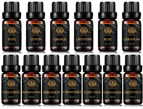 Aromatherapy Bergamot Essential Oils Set for Diffuser, 13x10ml Essential Oil Set-Tangerine, Basil, Geranium,Grapefruit,Lemon, Lemongrass,Orange,Rose Oil, Therapeutic Grade Essential Oil Kit