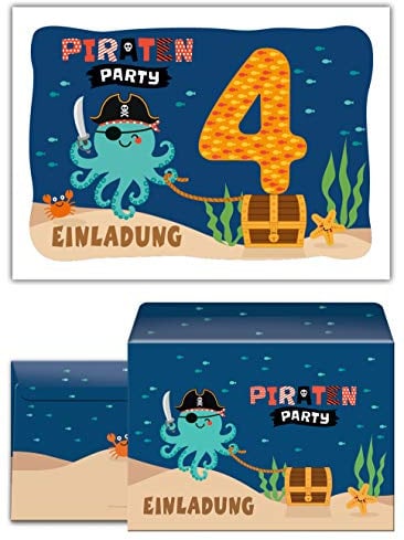 Junaversum 12 Einladungskarten incl. 12 Umschläge zum 4. Kindergeburtstag Jungen Mädchen Pirat Piraten-Party