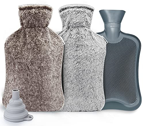 ilauke Bouteille d'eau Chaude 2L,Bouillotte Peluche Fournir Chaleur et Confort,Bouillotte avec Housse en Souple,Anti-Fuite Bouillotte en Caoutchouc Naturel Idéal pour Chaud en Hiver,Gris + Marron