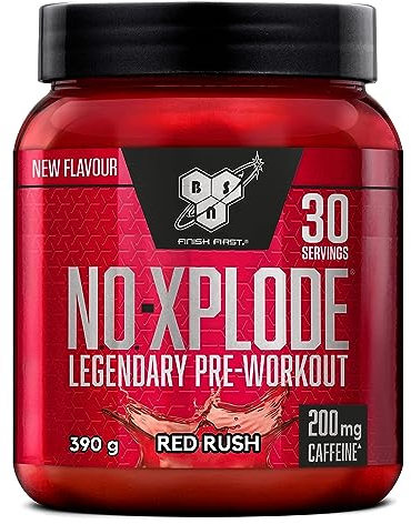 BSN Nutrition N.O.-Xplode Pre Workout Powder Food Supplement, Energy and Focus Booster with Caffeine, Amino Acids, Vitamin C and Zinc, Red Rush Flavour, 30 Servings, 390 g
