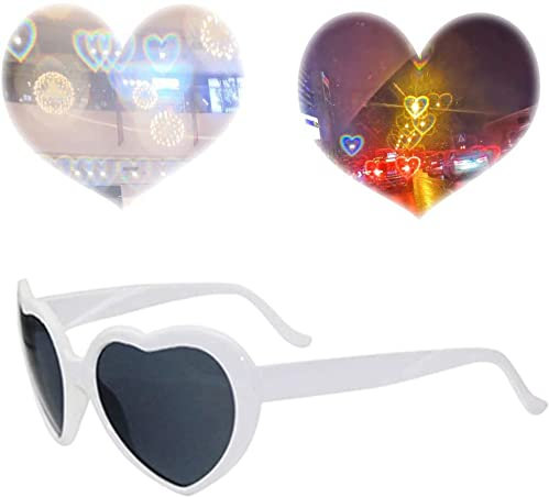 Yanyan Brille, Herz-Effekt, Beugungsbrille, Pfirsich-Herz-Effekt, Beugung, Rave-Brille, herzförmige Effekte, Sonnenbrille, leichte Brille für Party, Unisex (weiß)