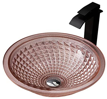 WRJAHCG Aufsatzwaschbecken,Waschbecken aus Glas Waschtisch, Round Hand Waschschale mit Wasserhahn Set,Waschbecken Bad| Aufsatzwaschbecken für das Badezimmer und Gäste-WC,Rosa