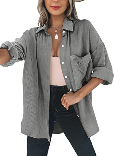 Dokotoo Bluse Damen Musselin Langarmshirt Baumwolle Lässig Oberteile Hemd Langarm Farbblock Shirts Einfarbig Tops Hemdjacke Grau 2XL