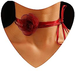 Atentuyi Boho Rot Rose Choker Kette Rot Spitze Choker Floral Choker Rot Blume Choker Party Prom Handgelenk Blume Korsage Lang Wickeln Bow Samt Halskette Blume Halskette Schmuck Für Frauen Teen Girls