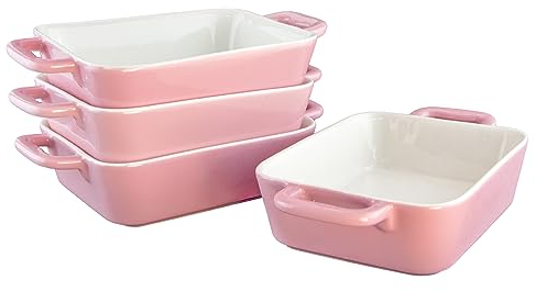 KVOTA rechteckige MINI Auflaufform Ofen- Backform Keramik Set 4 St je 1 Portion ca.9,5x4x13cm innen (12,5 x 4,5 x22 cm außen) 400ml (Rosa)
