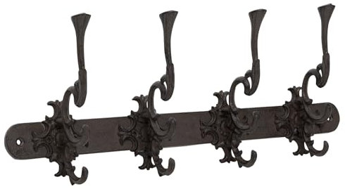 Woodside 4 Hook Cast Iron Wall Mounted Rustic Coat Hanger Rack, Hanging Hooks for Jackets, Hats, Keys
