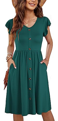 MOLERANI Women Summer Dresses Ruffle Sleeve V Neck Midi Dress Casual Swing Elastic Waist Ladies Dresses Size 14 Solid Dark Green