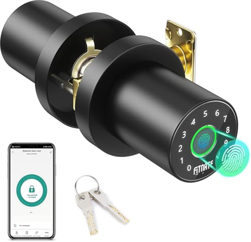 FITNATE Bouton de porte à empreintes digitales avec clavier, bouton de porte intelligent avec contrôle par application, serrure de porte biométrique sans clé pour chambre à coucher, appartement,