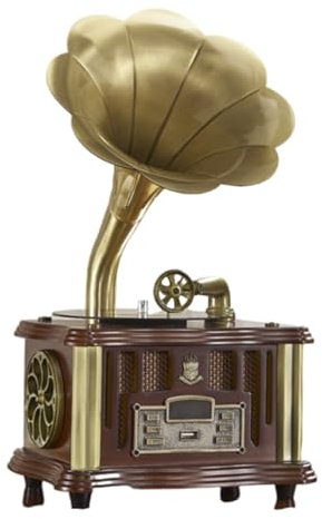Retro Phonograph Record Player, Nostalgic Vintage Gramophone with Wireless Bluetooth Speaker and FM Radio for Cell Phones, Tablets, Laptops,Brown