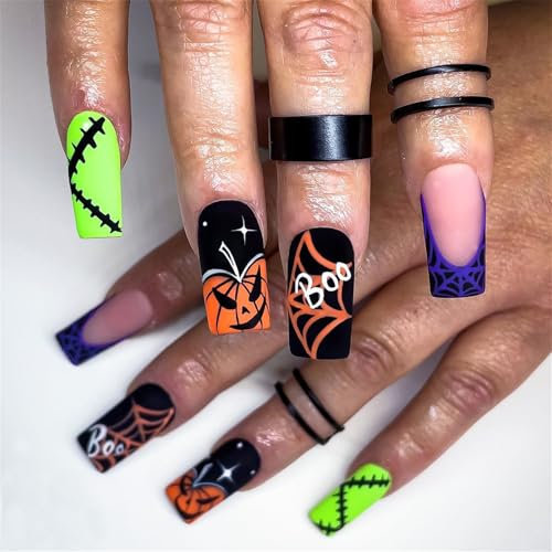 24PCS Halloween Medium False Nails with Nail Glue - Coffin Full Cover Acrylic Nails Press on Nails - Cute Pumpkin Cobweb French Fake Nails - Stick on Nails for Women and Girls Nail Art