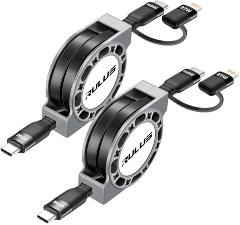 RULUS 60W USB C Charger Cable, Retractable USB C to USB C/Lightning (PD 27W) Fast Charging & Data Sync for iPhone 15/14/13,Samsung Galaxy,Tablet and more