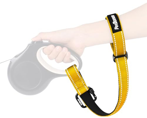 PetBonus Dog Leash Wrist Strap with Lockable Clip for Dog Retractable Leash | Adjustable Soft Padded Handle, Reflective, Escape Proof, Heavy Duty, Extra Layer Security for Pet Stroller, Yellow