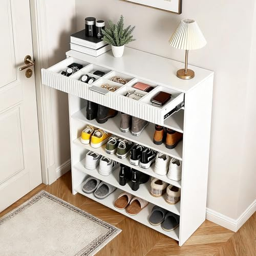 houcheyai Schuhschrank Schmal Weiß mit Schublade, Freistehender Schuhkommode Holz 5 Ebenen mit 20 Paar, Kippsicherung Platzsparend Schuhkipper Shoe Cabinet für Eingang, Flur, Wohnzimmer, 75×24×110cm