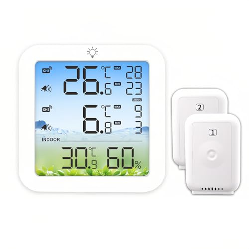 Lancoon Digital Kühlschrank Thermometer Hygrometer mit Magnetic Design 2 Wireless Sensoren Hintergrundbeleuchtung Temperatur Über-Limit Alarm für Kühlschrank Innen Außen