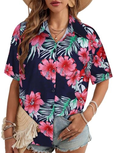 Gosunny Chemise hawaïenne d'été à manches courtes pour femme | Tissu léger et respirant, t-shirt de plage ample avec poches, chemisier décontracté pour des tenues décontractées