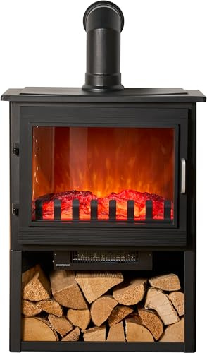 Sureflame Marlow 3-Sided Electric Stove with Log Storage in Black & Angled Stove Pipe