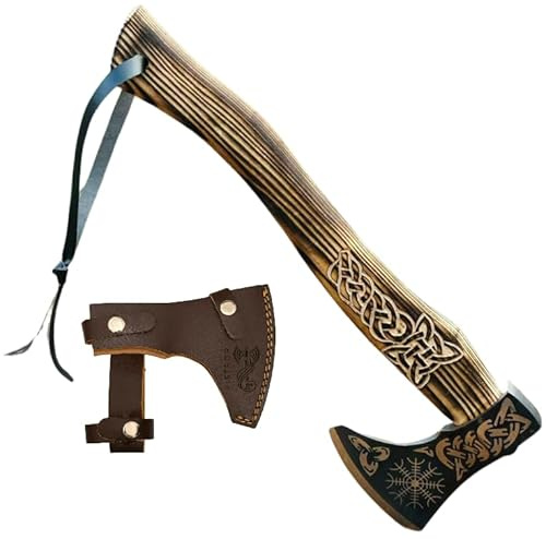 Vistrop Wikinger Axt 47 cm – Kohlenstoffstahl-Klinge, Holzgriff, Gravur, inkl. Leder-Klingenschutz, Camping & Bushcraft