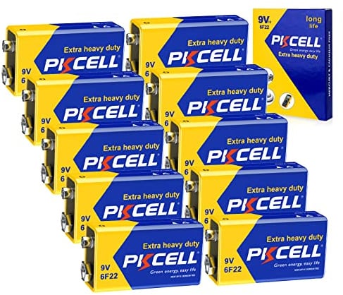 PKCELL 9V Batteries, 10 Pack 9 Volt Batteries Carbon Zinc, 9V Battery for Smoke Detector, Alarms, 6F22 Square Battery