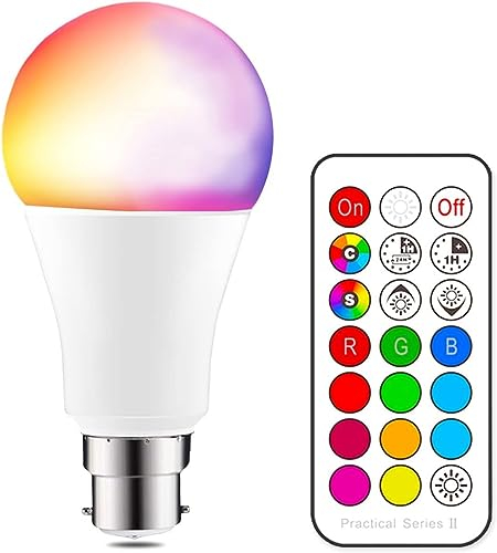 iLC Colour Changing Light Bulb Cool White 5700K 10W B22 Bayonet RGBW LED Light Bulbs - 12 Color Choices - Remote Controller Included for Home/Decoration/Bar/Party/KTV Mood Ambiance Lighting