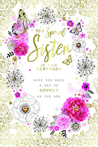 Special Sister Flowers Word & Butterfly Design Happy Birthday Card Lovely Verse