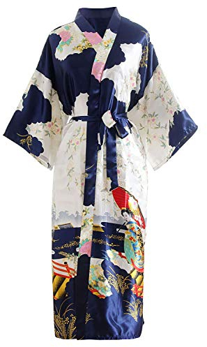 YAOMEI la mariée Demoiselle d'honneur Kimono Robe Femmes, Femmes Chemises de Nuit Fleurs de Geisha, Soyeux Robe Peignoir en Satin Pyjamas S-2XL (Buste: 126cm, pour S à 2XL, Bleu)