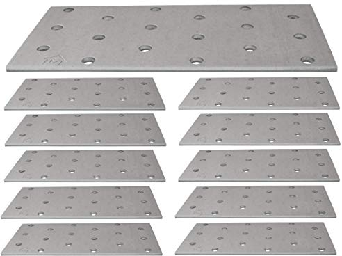 Juego de 10 placas de unión planas de madera galvanizada Z275 275 (g/m2) de 20 μm, chapa de acero resistente perforada (120 x 60 x 2 mm)