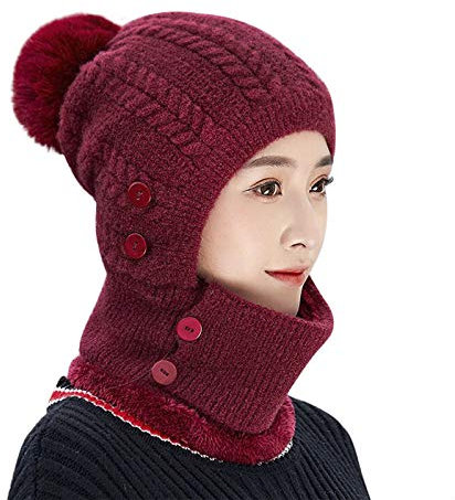 RUIXIA Cagoule Tricoté Femme Balaclava Femme Cagoule Moto Cache Cou Cache Oreille Bonnet Tricoté avec Pompon Bonnet avec Tour de Cou Hiver Cagoule pour Vélo Ski Randonnée Montagne Camping