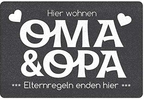 Fußmatte Oma und Opa | Geschenk Oma und Opa Geburtstag | Elternregeln Enden Hier | Ausgefallene Fussmatte mit lustigem Motiv | Schmutzfangmatte innen | Geschenkidee Großeltern | 60x40cm ohne Rand