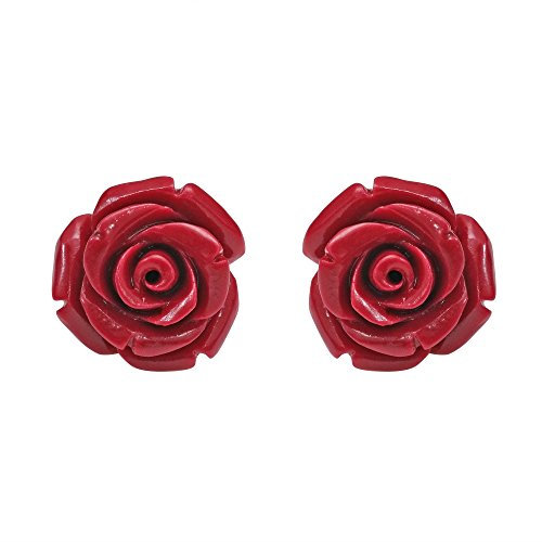 Orecchini a lobo in argento 925 a forma di rosa rossa intagliata, Resina