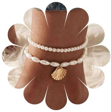 TseenYi Bracelet de cheville élastique en perles de coquillage doré pour femmes et filles