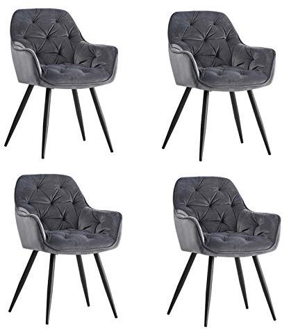 JaHECOME Lot de 4 fauteuils de salon, chaise de salle à manger en tissu (velours), couleurs au choix, design rétro, avec accoudoirs, fauteuil avec dossier, pieds en métal, noir / gris