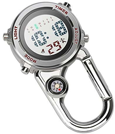 Aceshop Karabineruhr Digital Clip on Quarzuhr Multifunktionale Karabiner FOB Uhr Leuchtendes Zifferblatt Kompass Karabineruhr mit Kompass für Ärzte, Krankenschwestern, Sanitäter, Köche, Sport Unisex