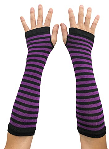 SYAYA Gestreifte lange fingerlose Handschuhe für Damen, gestrickte Armstulpen für Punk-Rock/Cosplay/Goth/Weihnachtsfeier WM-S-G5, Schwarz mit violetten Streifen, Einheitsgröße