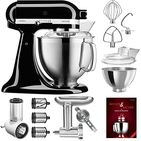 KitchenAid Küchenmaschine Artisan - P23 Vario Set Deluxe 185er (NM) - 5KSM185PSEOB inkl. Gemüseschneider (5KSMVSA), Fleischwolf Ganzmetall (5KSMMGA) und Kochbuch (Kochen & Backen)