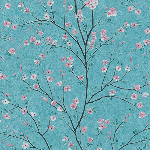 Papier peint fleur de cerisier bleu salle de bain | Tapisserie motif floral chambre & salon | Papier peint japonais intissé turquoise