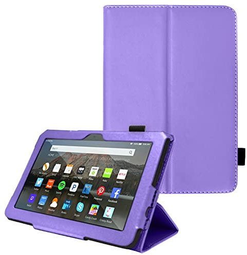 TECHGEAR Case Designed For All-New Amazon Fire 7 tablet (12th Generation / 2022 Release) PU Leather Slim Folio Stand Case Cover with Hand Strap [Purple] with Auto Wake/Sleep