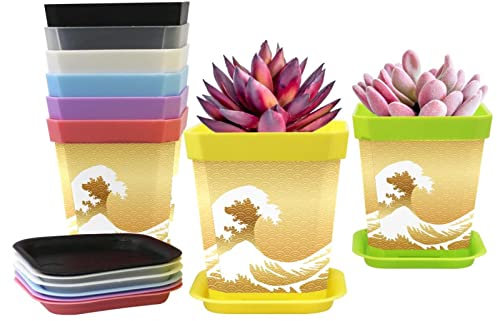Lot de 8 pots de fleurs en plastique pour semis de pépinière - Style vintage japonais - Motif vagues dorées - Pot de fleurs avec plateau - 8 couleurs