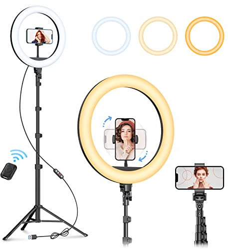 MegiaExist 12 Selfie Ring Light with 63 Tripod Stand, Dimmable LED Ring Light with Phone Holder and Wireless Remote, [2in1] Ring Light & Selfie Stick for Photography/Makeup/Live Stream/YouTube