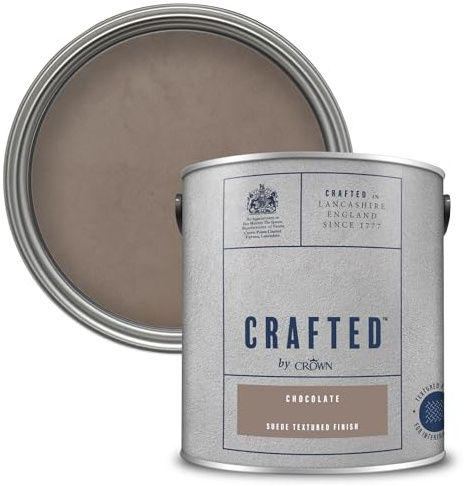 Crown CRAFTED Suede Chocolate Brown Paint for Walls & Ceilings 2.5L | Rich Mid Brown luxurious suede textured finish, great feature wall paint. Soft to touch, hides flaws, natural brushed effect
