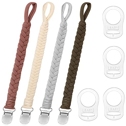 Annhao Schnullerkette Baumwolle Schnullerband Junge und Mädchen, 4 Pcs Schnullerketten Clips mit 4 Pcs Silikonring Passt Alle Schnuller Baby für Lätzchen Dreieckstuch Sauger, BabyDusche