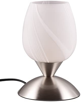 Reality Leuchten Tischleuchte Cup II R59441001, Metall Nickel matt, Glas satiniert weiß gestreift, exkl. 1x E14, On/Off Touch
